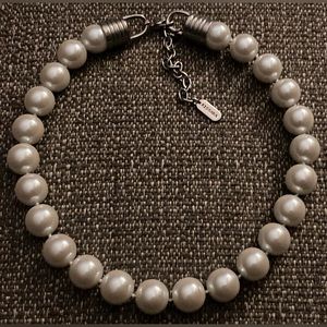 KISSAKA Signed, Hand Knotted, Silver Tone, Faux Pearl Choker & Bracelet